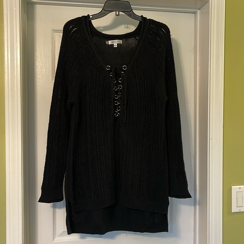 Jennifer Lopez Long Sweater Tunic Black with Gold Accents Size XL